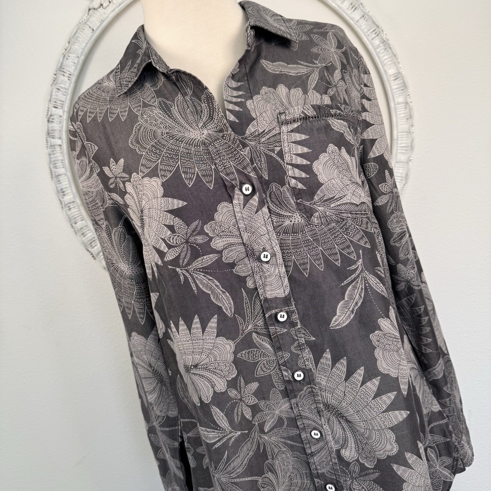 Soft Surroundings Womens Evie Gray Floral Button Up Long Sleeves Shirt Blouse XS